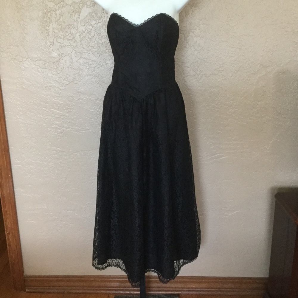 Vintage Black Lace Strapless Midi  Dress S Goth